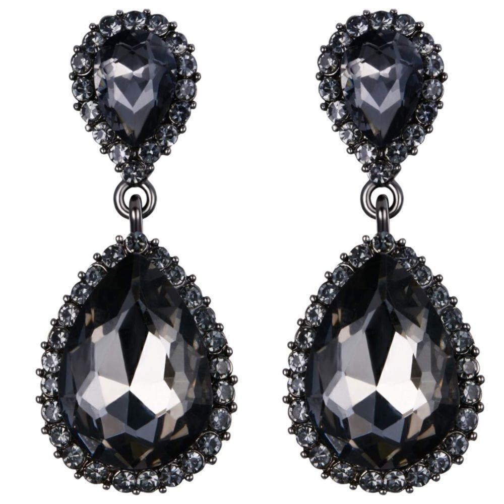 Gun Metal with Charcoal Gray Austrian Crystal Teardrop Post Back Earrings